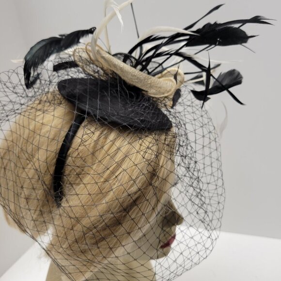 Black Headband Feathers Fascinator with Black netting on Headband - Picture 6 of 15